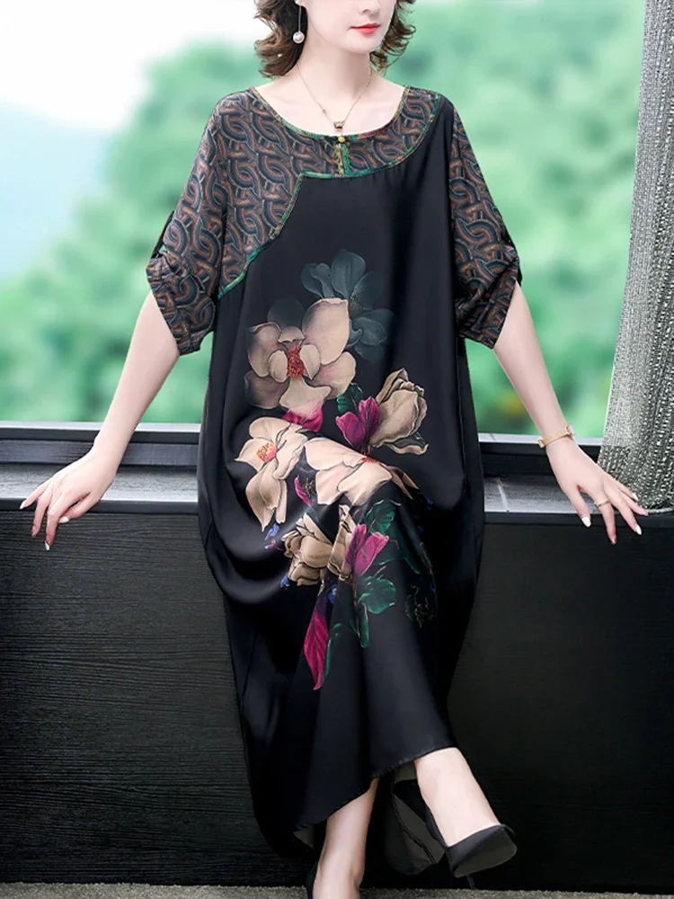 

Women Luxury Silk Print Vintage Casual Loose Maxi Dress Holiday Beach Party Fashion Dress 2025 Summer Elegant Chic Evening Dress