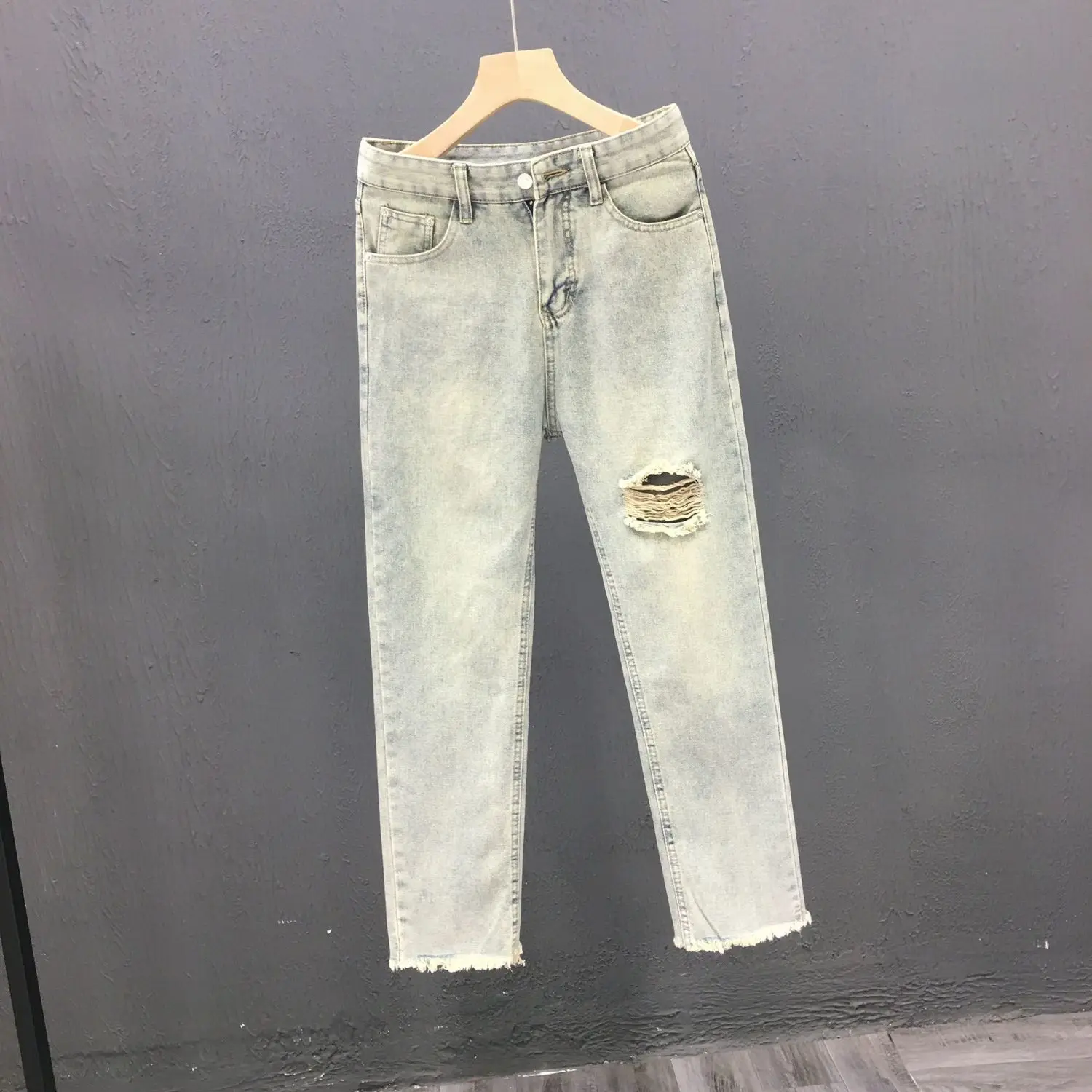 Cowboy Pants Man 2025 New Summer Brand Ruffian Handsome Loose Straight Student Washed Pants Men's Ripped Jeans Stacked Jeans Man