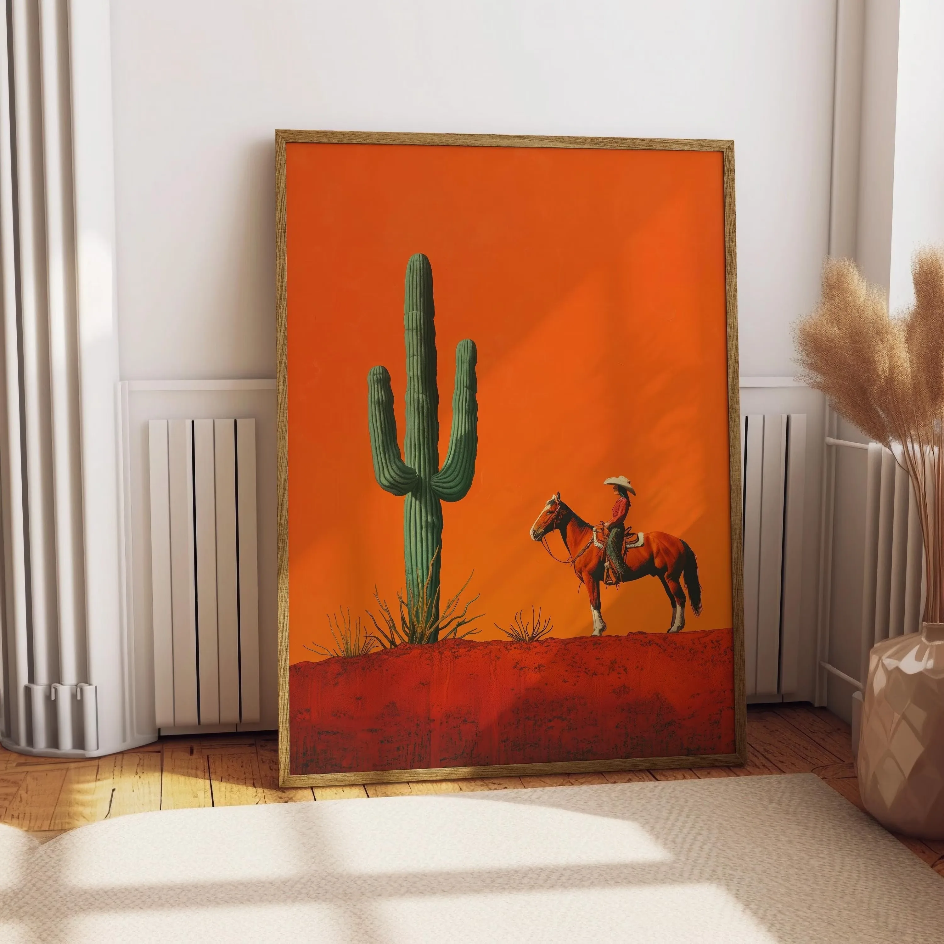 Cowgirl Minimalist Boho Western Illustration, Vintage Southwestern Boho Art, Cowboy Wall Print, Terracotta Sunset, Retro Cowboy