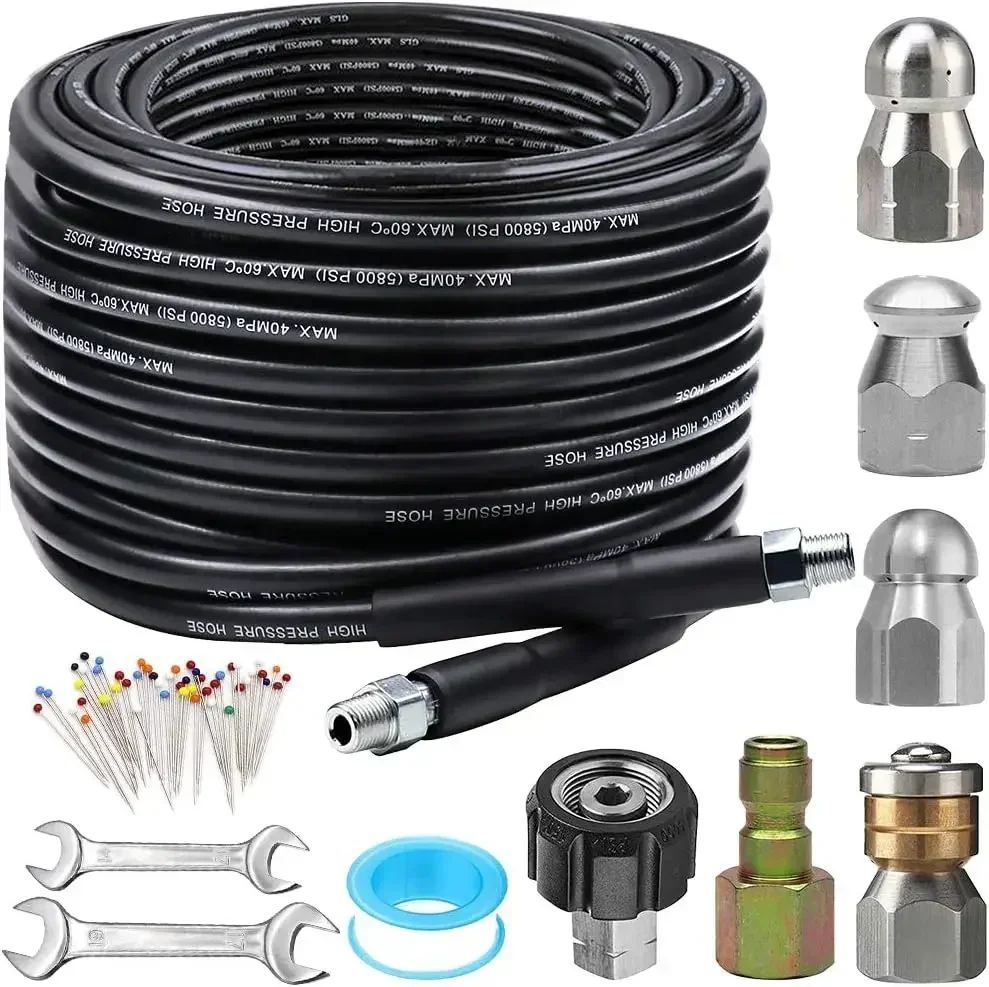 

Sewer Jetter Kit for Pressure Washer 100FT, 5800PSI Drain Cleaner Hose 1/4 Inch NPT Corner, Rotating and Button Hose Sewer