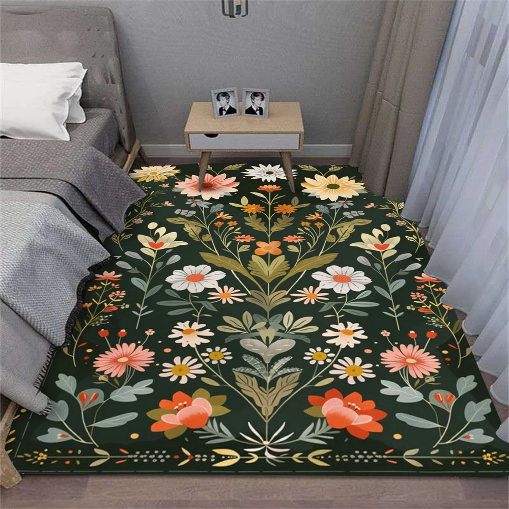Dark Green Leafy Flowers Carpet for Bedroom Rug Decor Living Room Sofa Decor Rugs Kitchen Coffee Table Floor Mat Hallway Rug