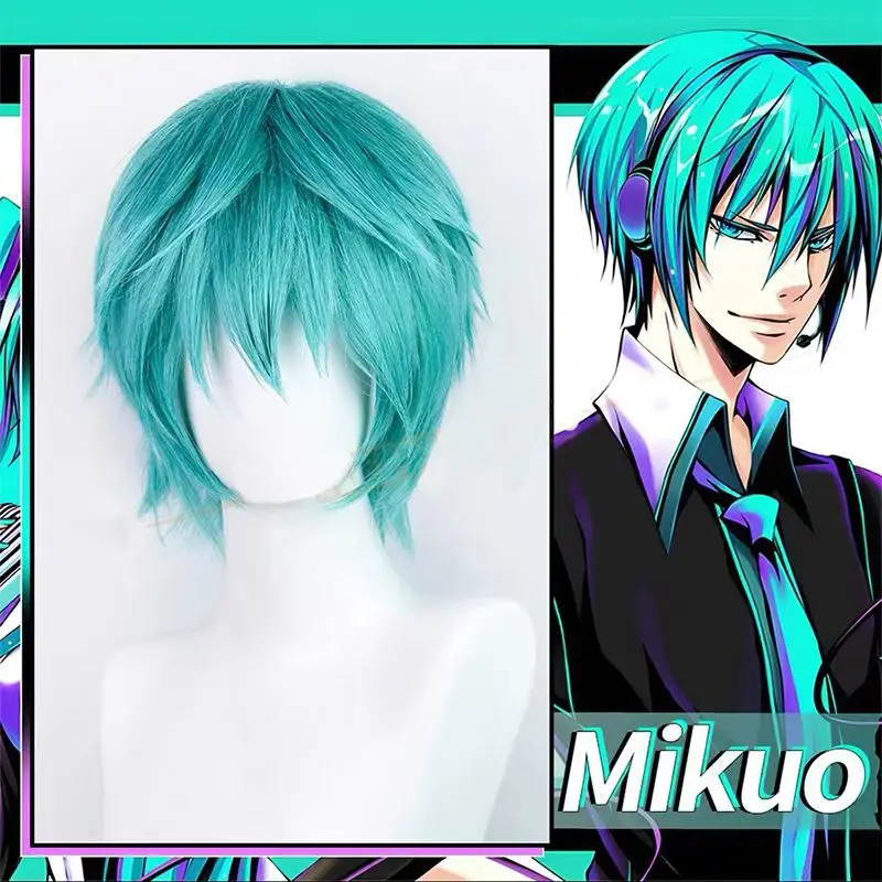 Mikuo Cosplay Wig Anime Miku Blue Short Hair Accessories High Temperature Wire Hair With Wig Cap For Men