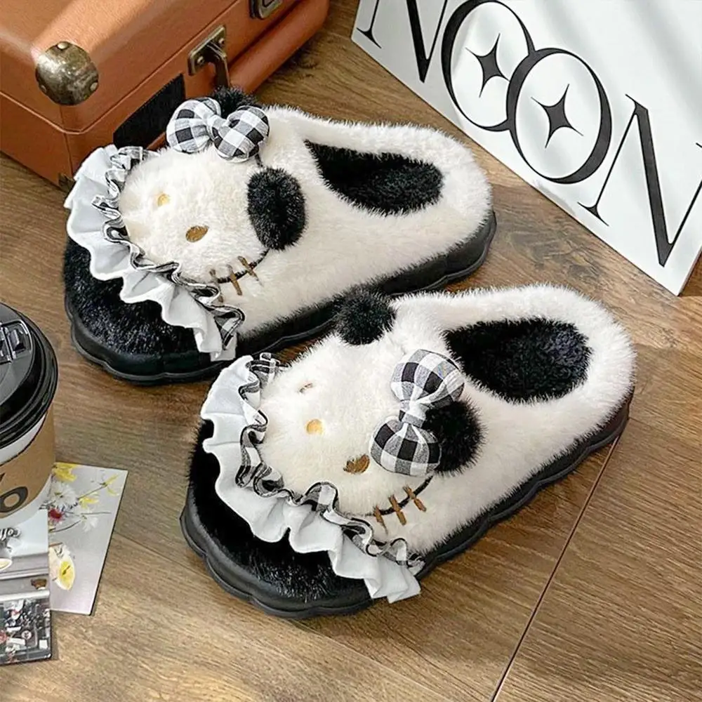 Anime Winter Hello Kitty Plush Slippers Sanrios Kawaii Cartoon Cute Warm Women Cotton Home Slippers Leisure Fashion Girls Shoes