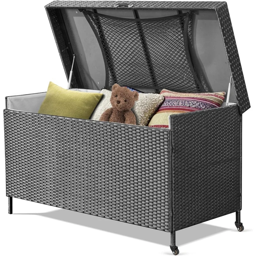 

240 Gallon Wicker Deck Box, Extra Large All-Weather Outdoor Storage Box, Garden Deck Container with 2 Universal Wheels & Hinged