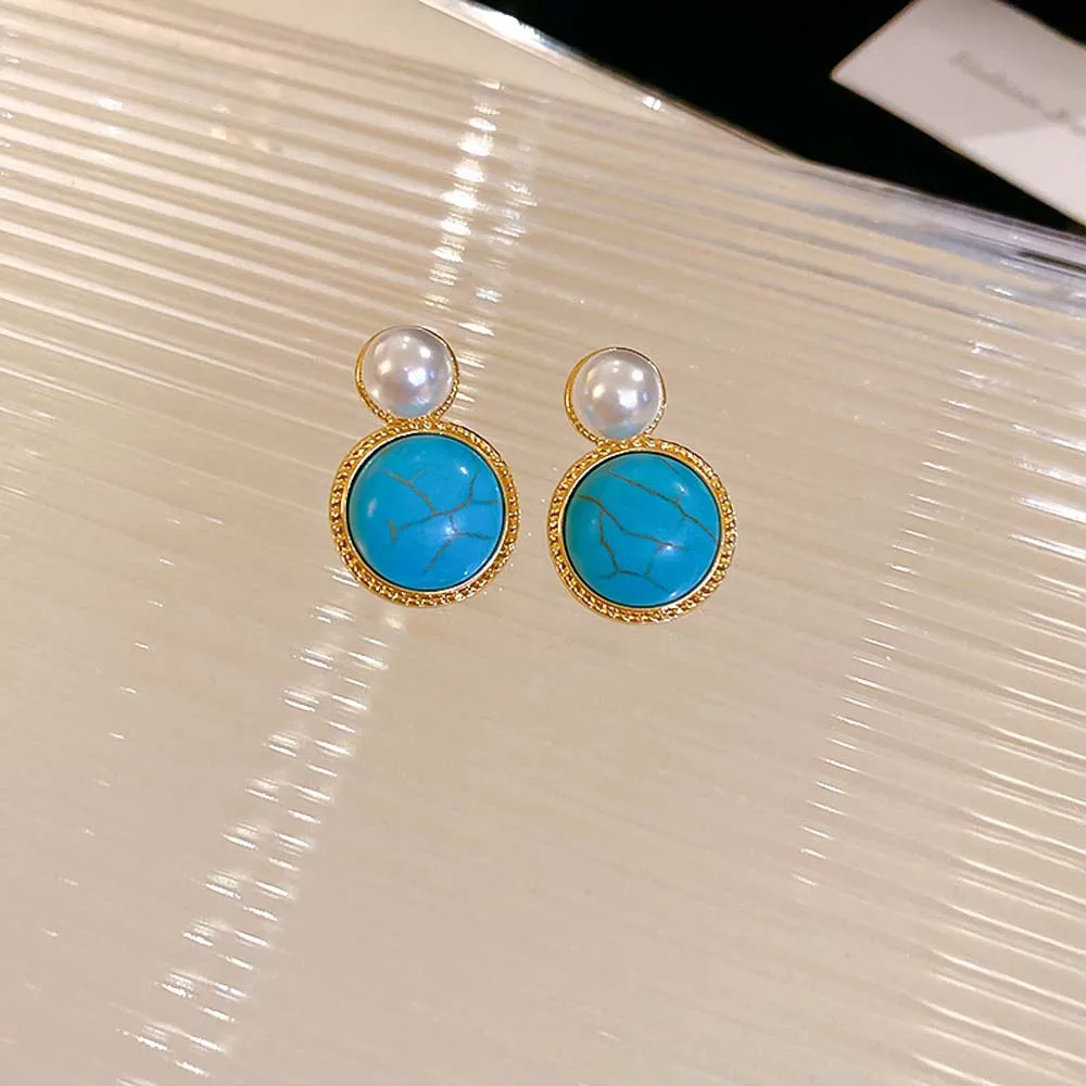 Round Pearl Turquoise Western Country Earrings Jewelry accessories Streetwear Pearl Turquoise Earrings Fashion Ornament