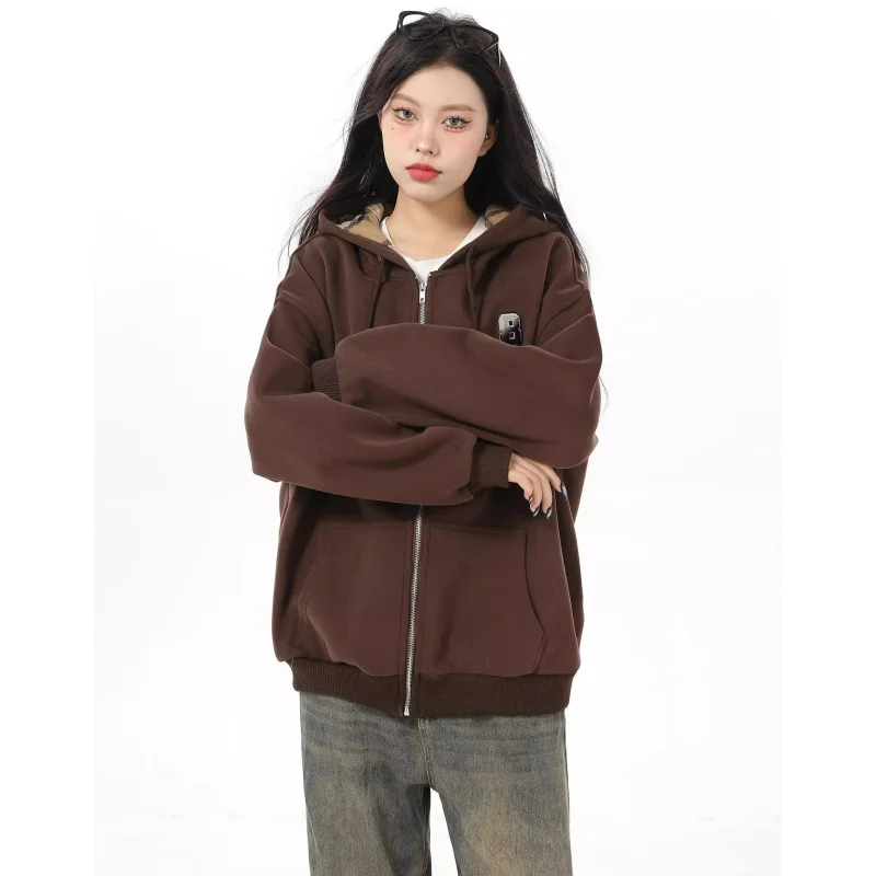 Imagem -05 - Jaqueta Folgada com Capuz para Mulheres Moda Coreana Streetwear com Bordado Mangas Compridas Marrons Tops de Pelúcia Roupas Y2k Nova Primavera 2024