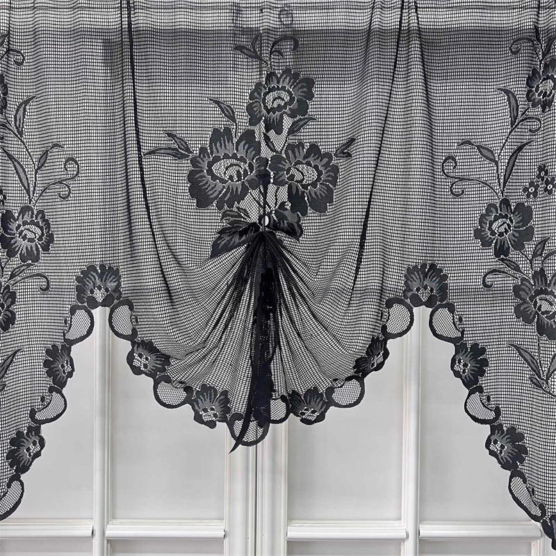 American Black Floral Lace Tulle Pull Curtains Roman Lifting Sheer Voile Door Bay Window Kitchen Partition Christma Party Drapes