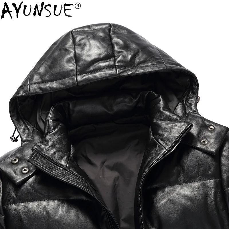 AYUNSUE Men Clothing Men\'s Winter Down Jacket Real Sheepskin Leather Jackets Hooded Thick Coat 2020 Mens Clothing Jaqueta LXR376