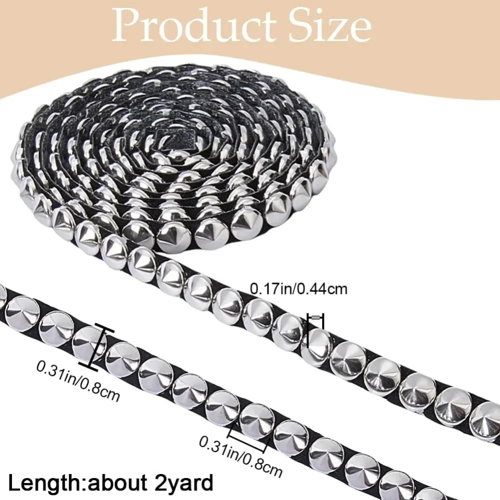 2 Yards 8mm Wide Hot Fix Nailhead Trim Silver Metal Convex Dome Iron on Nailhead Trim with Black Base Pyramid Stud Decorative