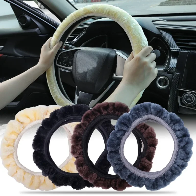 Car Steering Wheel Cover Gearshift Handbrake Cover Protector Decoration Winters Warm Thick Plush Collar Soft  Non Slip Women Man