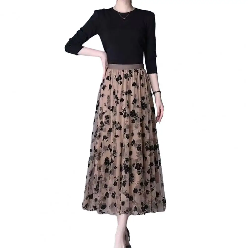 

Women Skirt High Elastic Waist Double-layered Mesh Pleated A-line Big Swing Mid-calf Length Midi Skirt