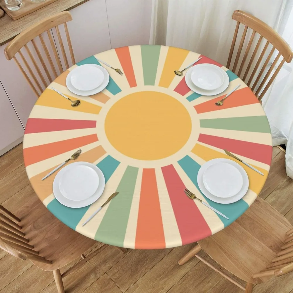 Round Table Cloth Boho Rainbow Sun Tablecloth Elastic Edge Fitted Table Cover Fits Tables Up to 40