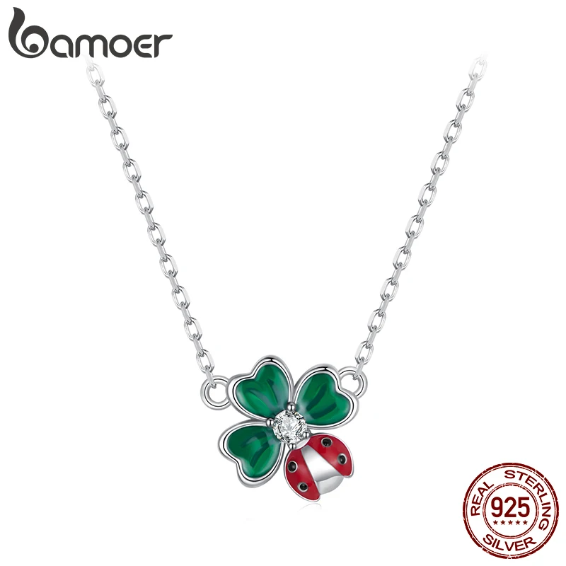 BAMOER 925 Sterling Silver Four-leaf Clover Ladybug Necklace for Women - Lucky Jewelry Gifts Fashion Birthday Graduation Gift