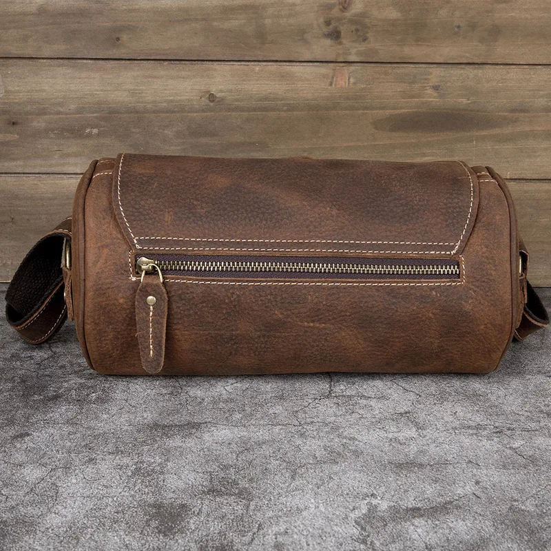 Leather men's bag - casual men's shoulder crossbody bag - retro top-grain cowhide bag with elephant pattern - round pillow bag