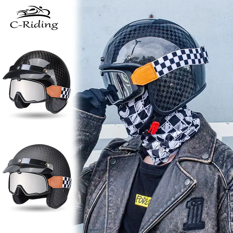 

Motorcycle Retro Helmets Casco Moto Motocross Helmet Road Helmet Race Motorbike Men Riding Half Face Safety Cap with Goggles