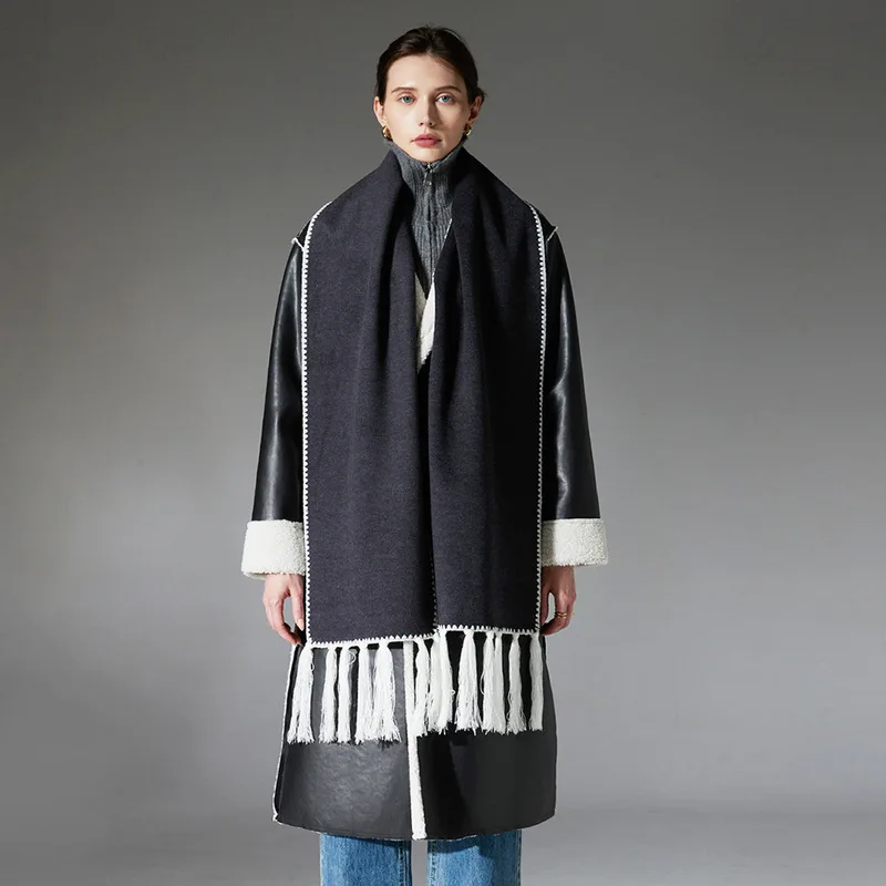 High-end European and American autumn/winter new collection: double-faced wool scarf with tassels, solid dark gray color