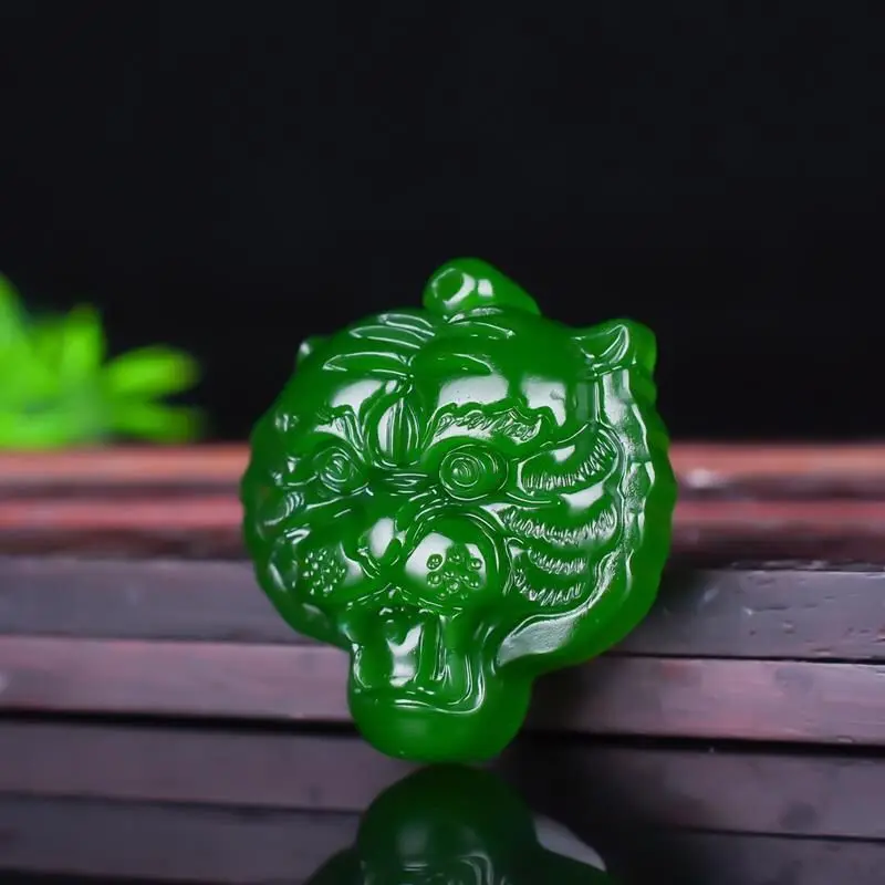 Spinach Green Tiger Head Pendant White Jade Zodiac Tiger Jade Pendant for Men and Women