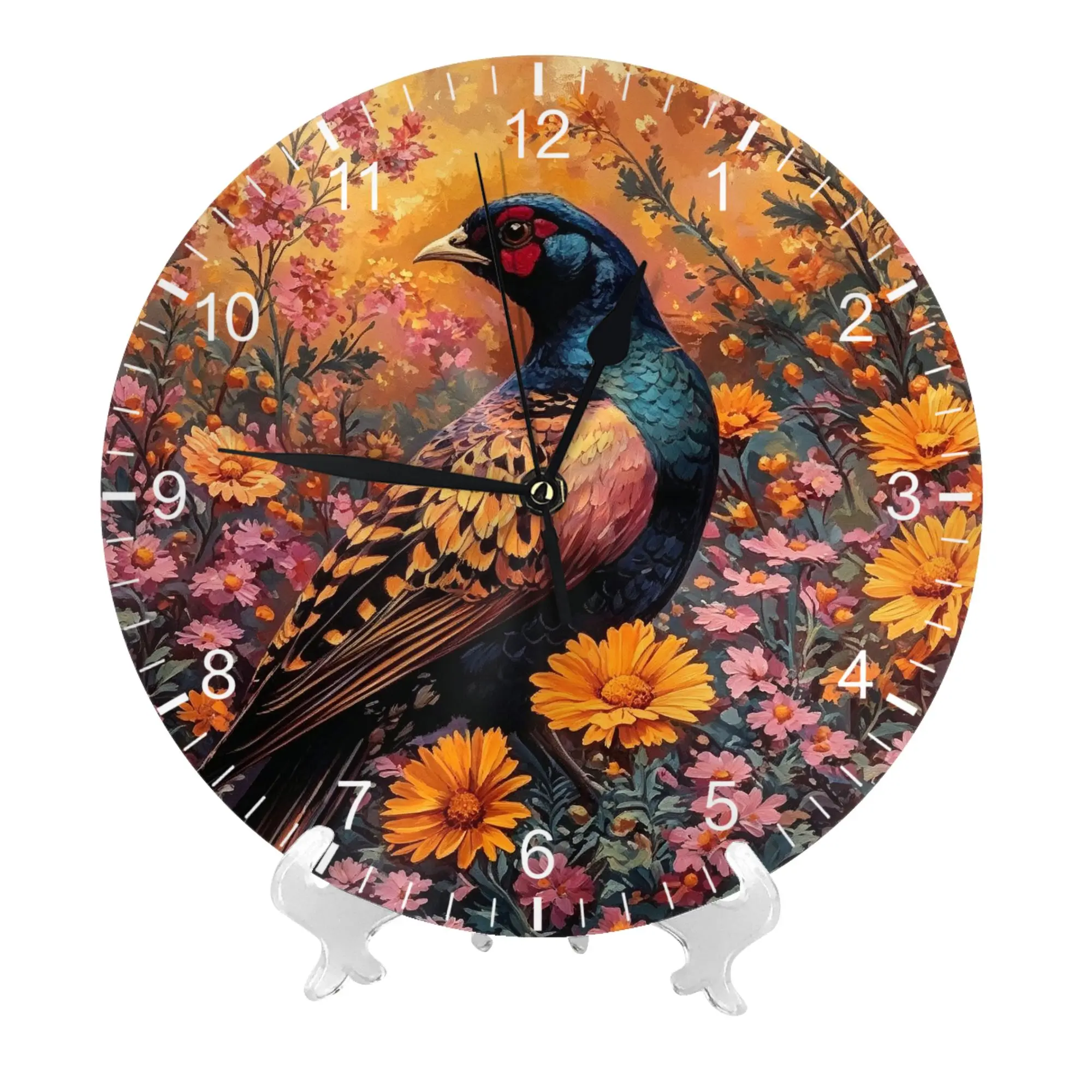 Round Wall Clock Silent Non-Ticking Pheasant and Flower Print Eco-Friendly Battery Operated Decorative Clock