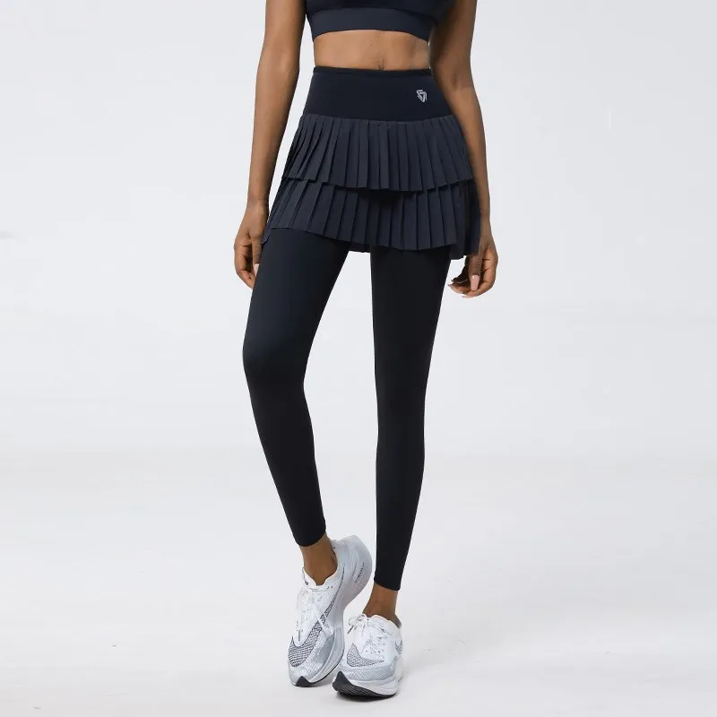 Women High Waist Double Layer Pleated Skirt Legging Sports Golf Tennis Skirts Fake Two Skirt + Pants Gym Fitness Run Yoga Skort