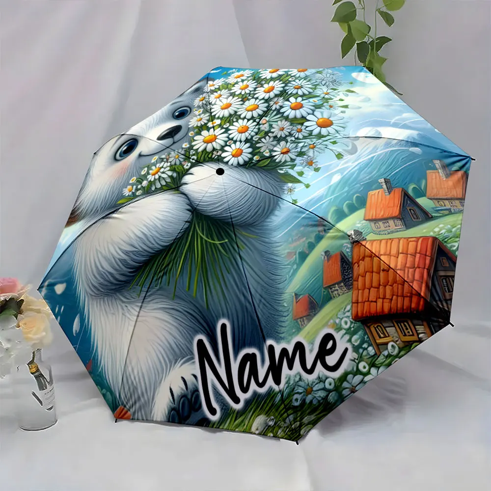 Custom Name  Cheerful Bear Holding Daisies in Countryside Artwork Print 8 Iron Ribs Folding Umbrella Auto-Open Fashion Sunshade