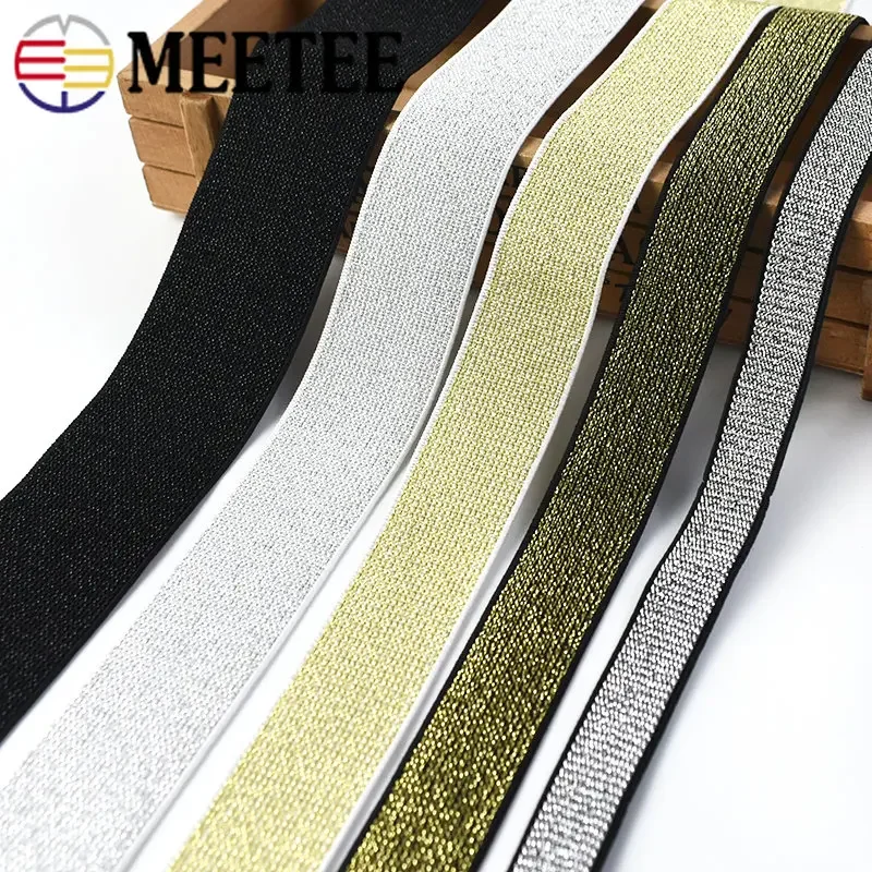 5/10Meter Glitter Gold Silver Elastic Bands 10-50mm Nylon WaistBand Soft Rubber Band Garment Pants Skirt Belt Sewing Accessories