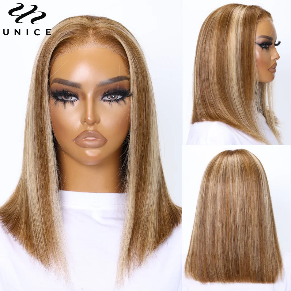 Unice Hair Honey Blonde Highlight Straight Bob Wig Pre Cut 6x4.75 Lace Closure Glueless Wig Human Hair Ready To Wear And Go