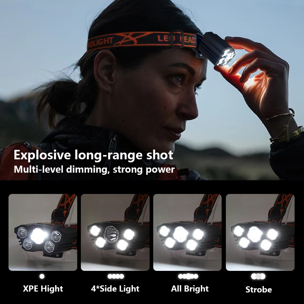 LED Head Flashlight Five Head LED Headlight Strong Light Super Bright USB Rechargeable Fishing Working Long Range Mount Headlamp