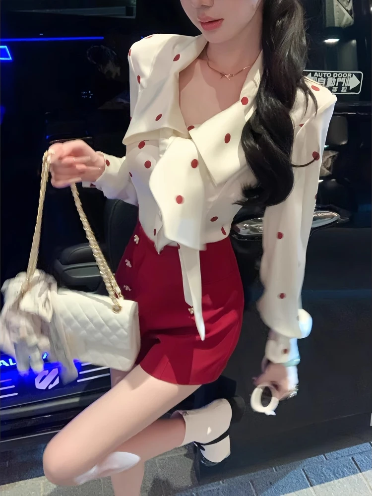

Элегантный модный женский комплект из 2 предметов во французском стиле, блузка в горошек в стиле ретро + красные брюки, милая винтажная шикарная корейская популярная одежда, новинка