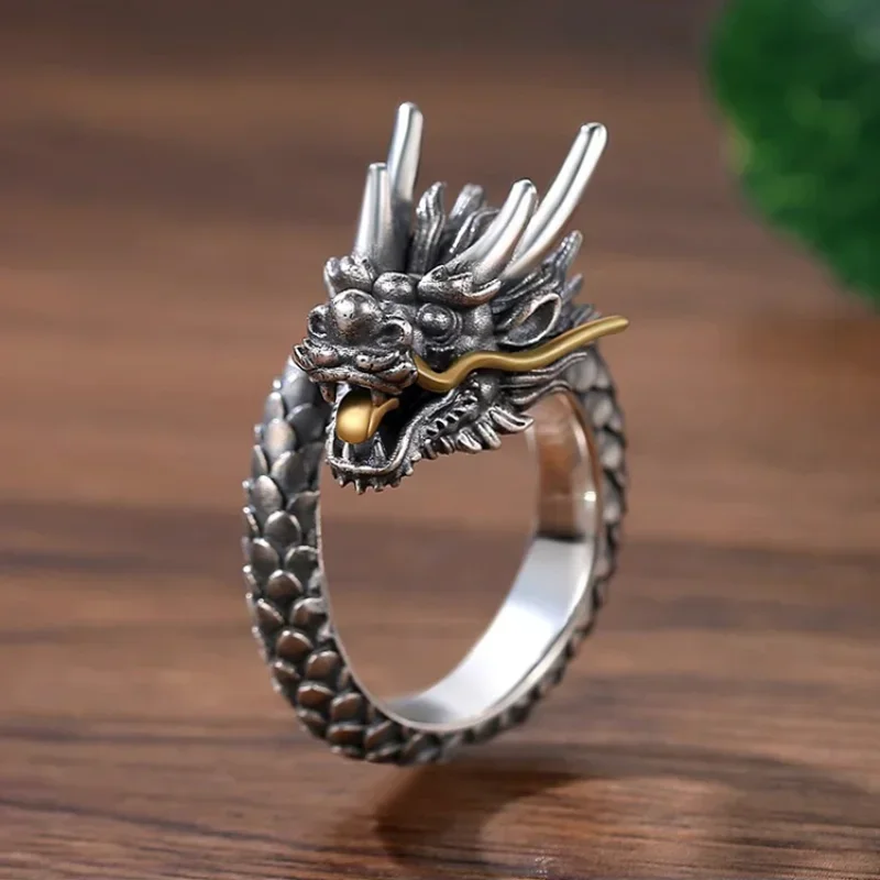 Cincin warna perak Panlong Solid pria, pasang tampan kuno rasa tunggal dapat disesuaikan cincin zodiak