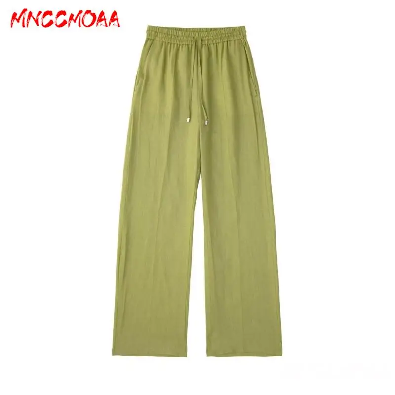 MNCCMOAA-Women\'s High Waist Wide Leg Pants, Solid Color, Casual, Loose, Simplicity, Linen Trousers, Summer Fashion, 2024