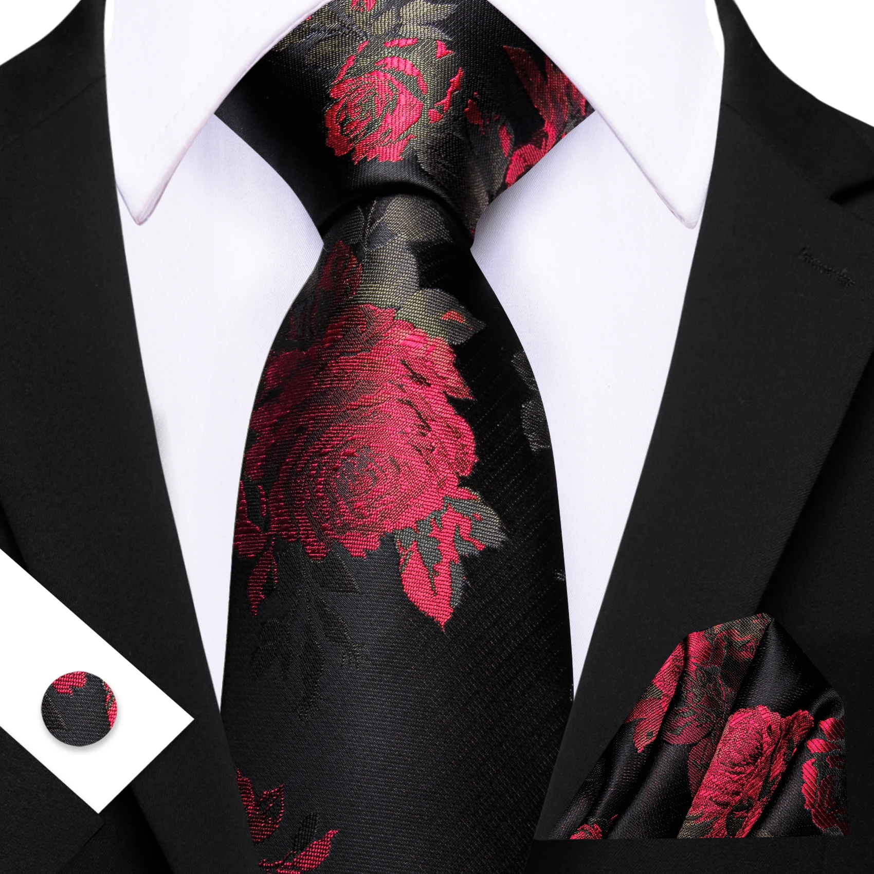 Herren-Krawatte, gelb, golden, schwarz, rot, Blumenmuster, Einstecktuch, Manschettenknöpfe, Set, Krawatte, formelle Hochzeit, Abendessen, Party, Geschenk