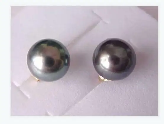 AAA+10-11mm black Tahitian pearl earrings 14kp yellow gold