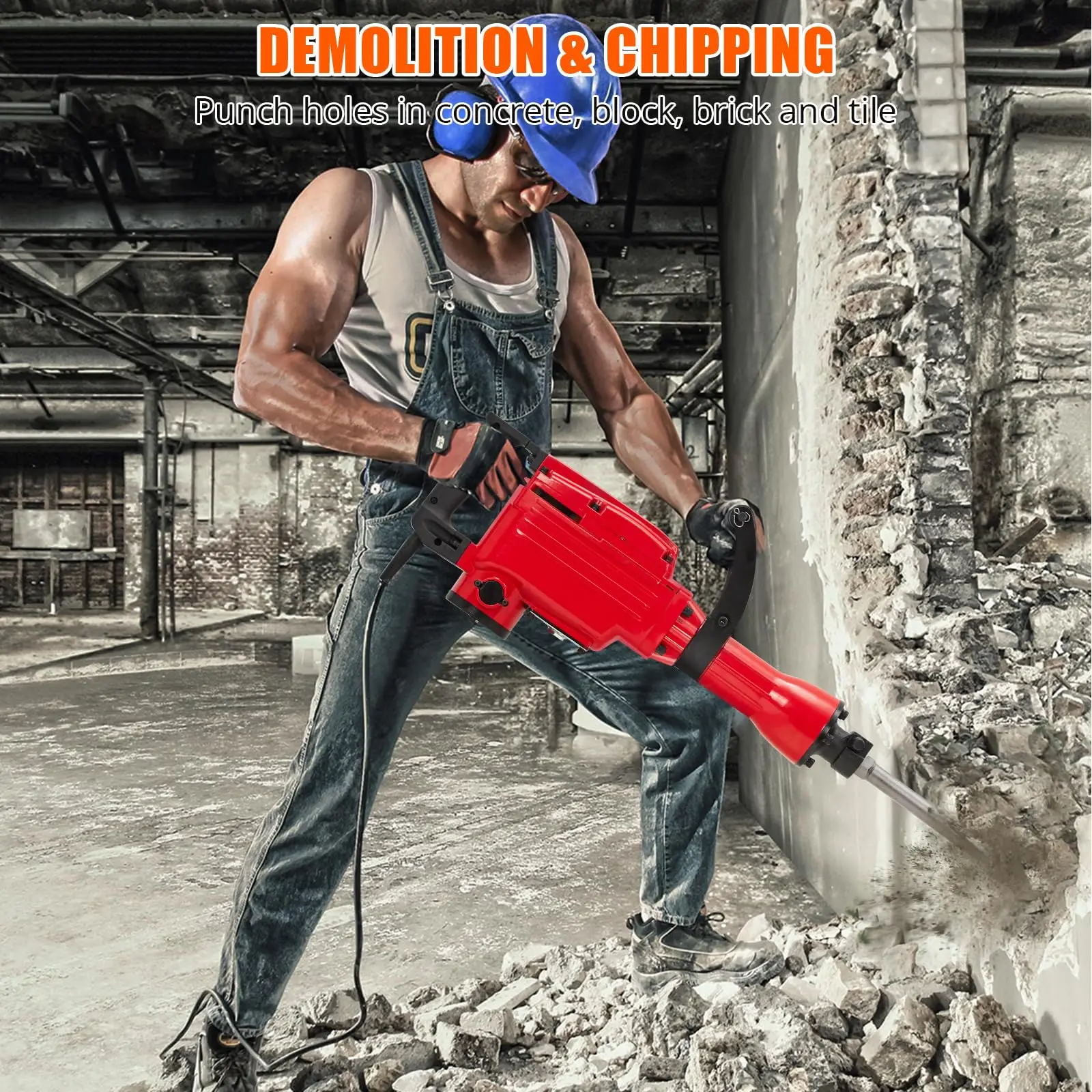 Martello demolitore elettrico da 2200 W, martello demolitore per calcestruzzo ad alta potenza con 1400–1700 colpi al minuto, dotato di custodia, 2–4 scalpelli/punte, guanti e tappi per le orecchie.