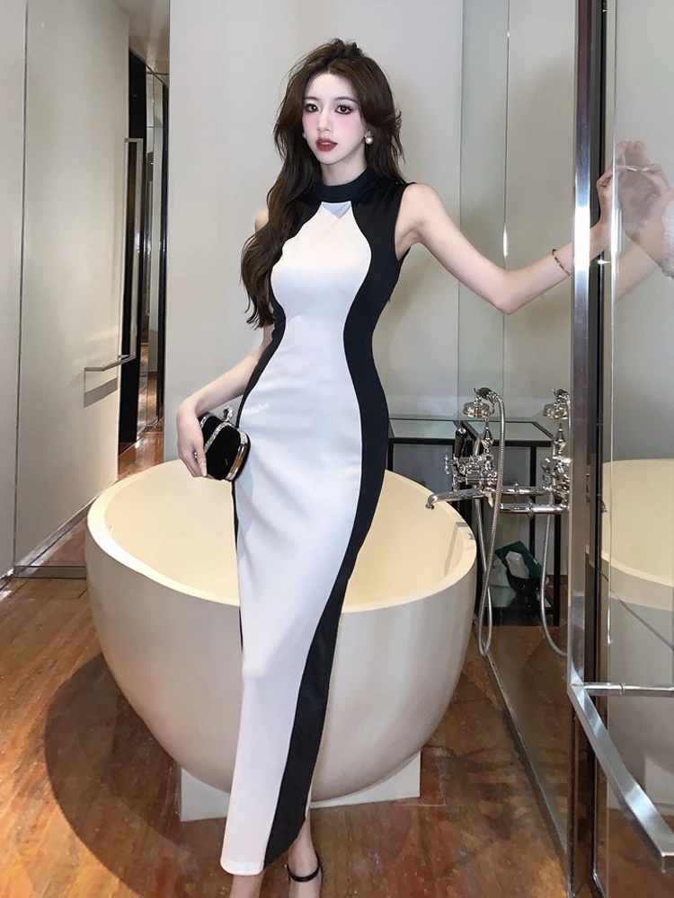 

Faionable Sexy Bla White Color Blo round Ne Svel Bodycon Long Dr Женское облегающее платье с высокой талией и разрезом Dr
