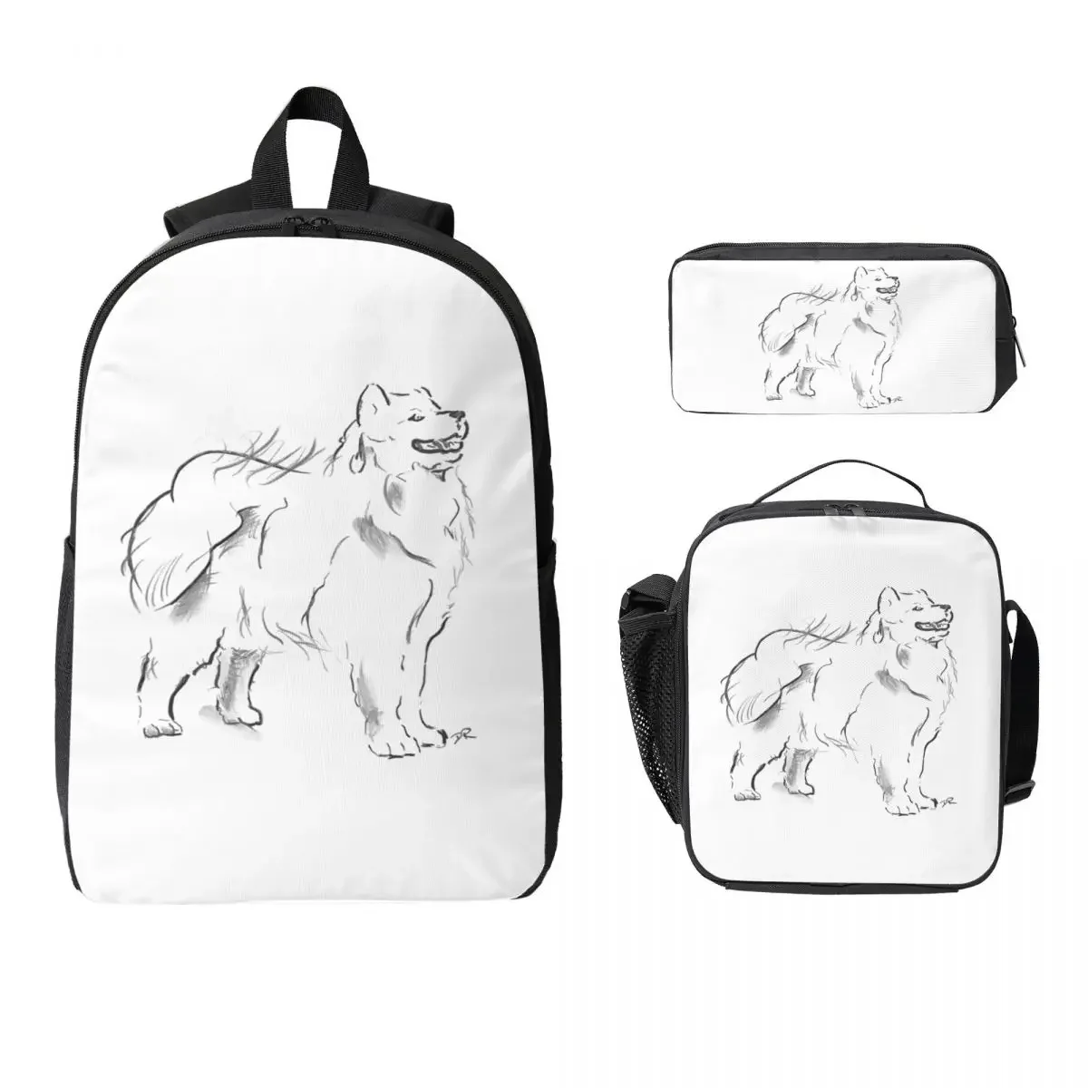 Samoyed Drawing Backpack Student Boys Girls BookBag School Bag Computer Shoulder Bags 3ps Insulated Lunch Bag Pencil Case