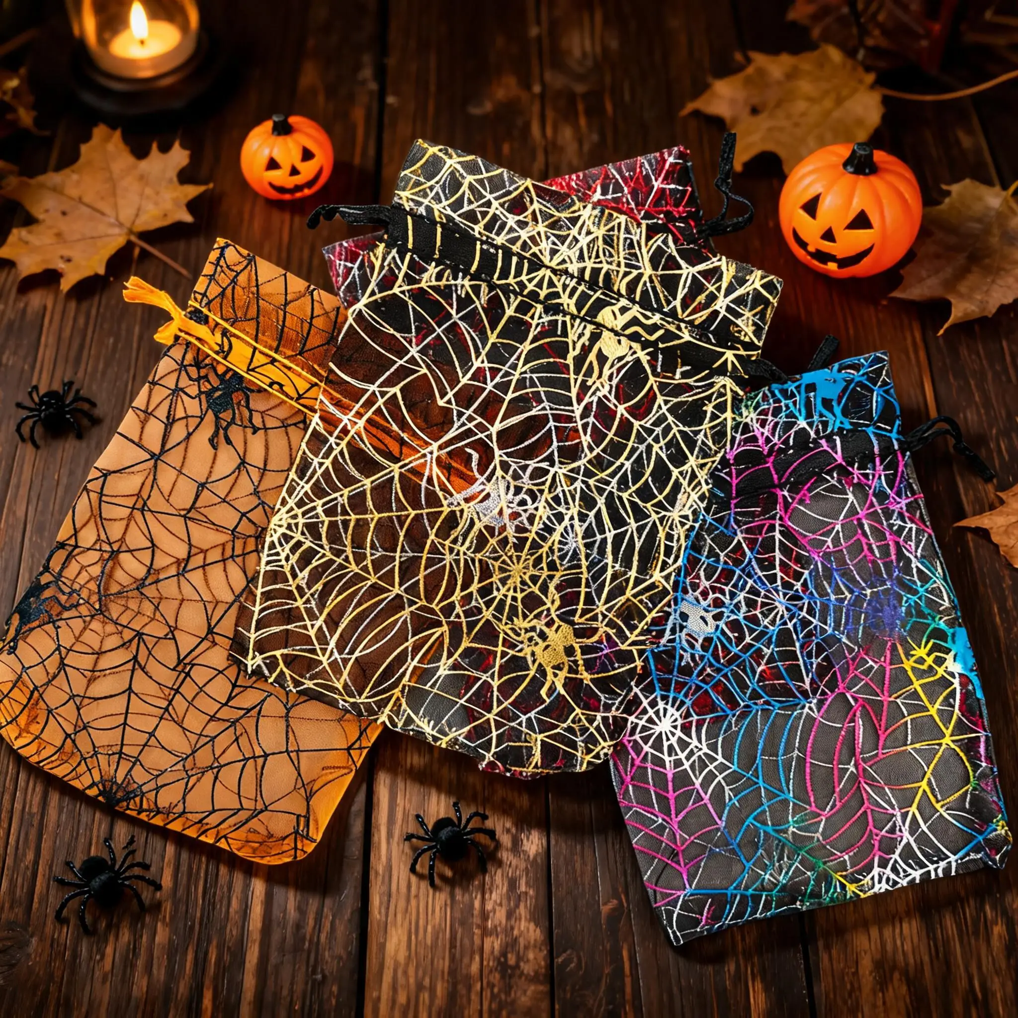 25/50/100pcs 10x15cm Colorful Spider Halloween Organza Gift Bag Web Printing Packaging Gift High Quality Drawstring Candy Bag view 6