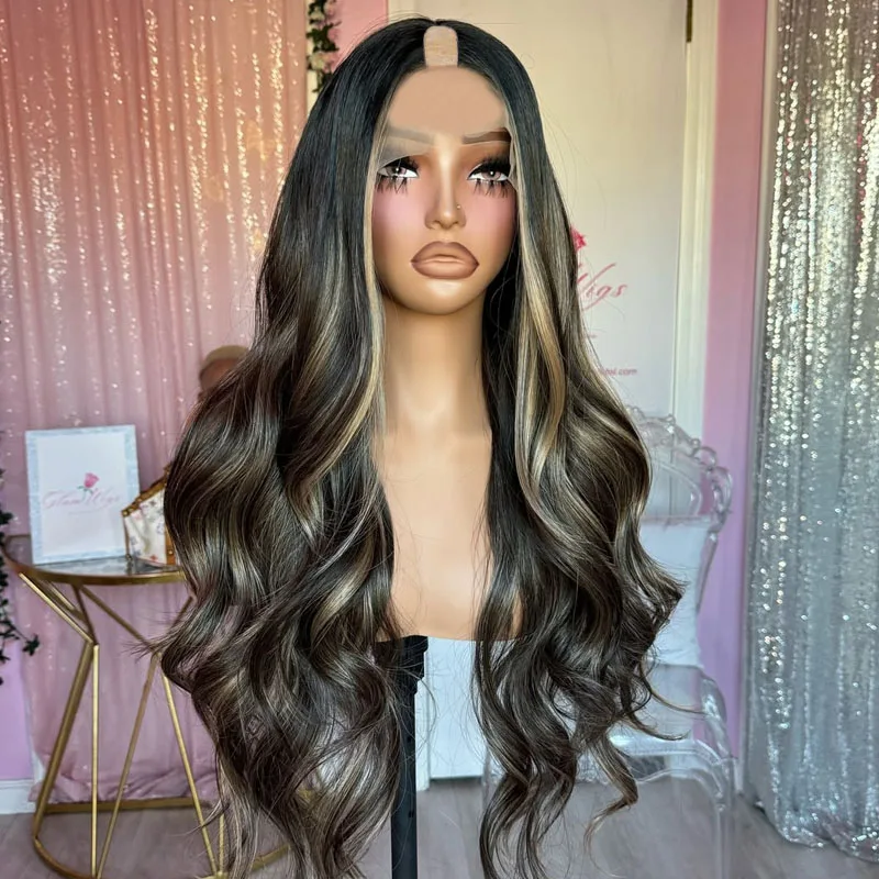 Simbeauty Remy Human Hair Adjustable Middle U Part Highlight Bayalage Ash Brown Blonde Body Wave Wigs for Black Women Natural