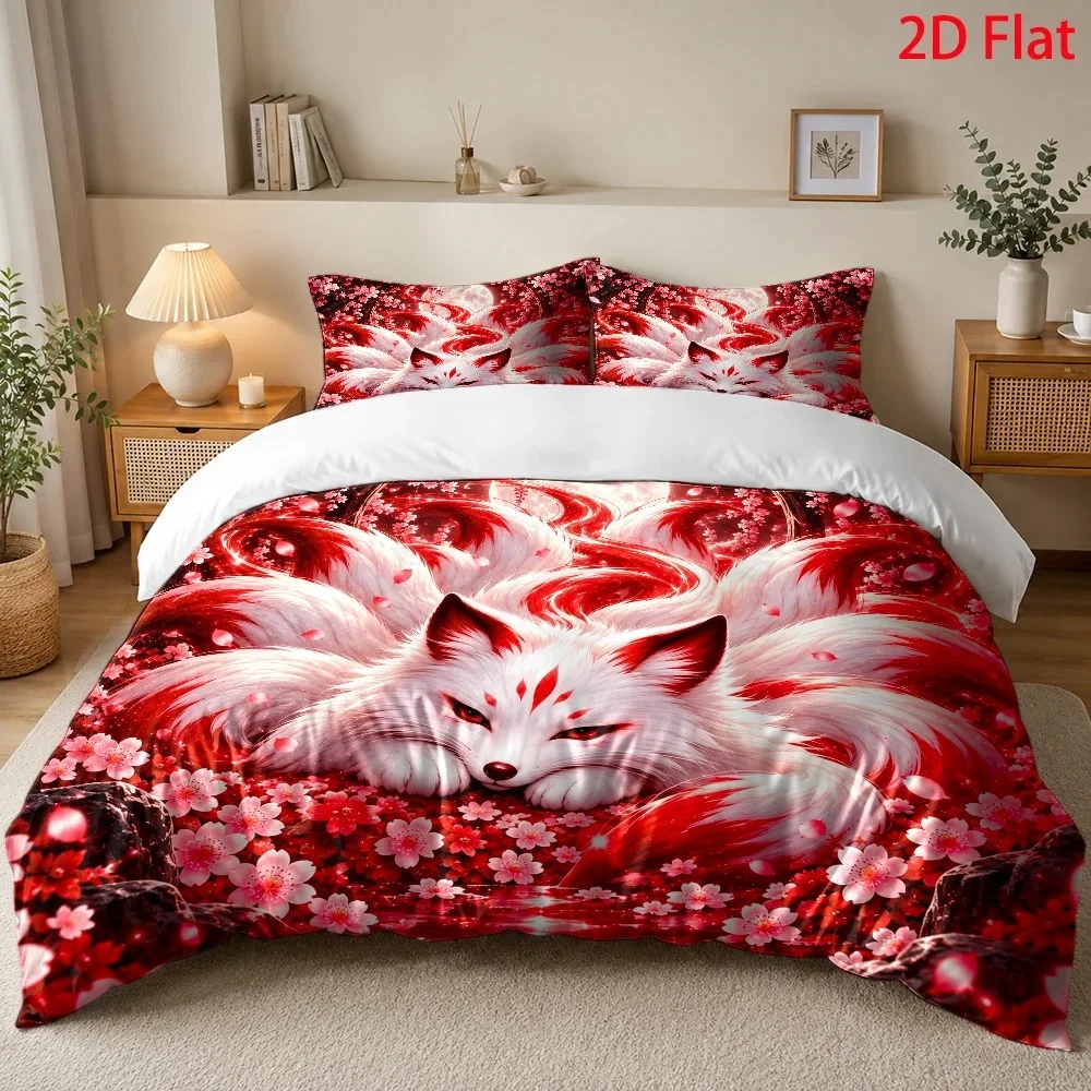 2D Duvet Cover Set Nine-Tailed Fox Cherry Blossom Moonlight Theme, Cyberpunk Fantasy Style, Japanese Tanabata Festival Ultra Soft Brushed Bedding 3 Piece Set for Bedroom Hotel