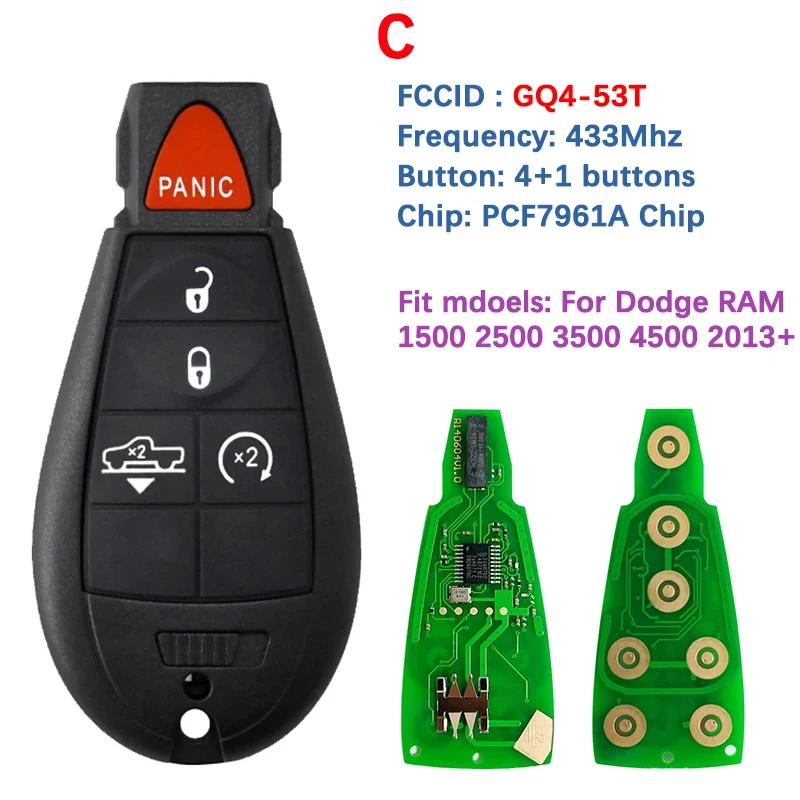 Chave remota de reposição, reposição 3, 4, 5 botões, GQ4-53T, 433MHz, chip PCF7961A para Dodge RAM 1500, 2500, 3500, 4500, 2013-2018