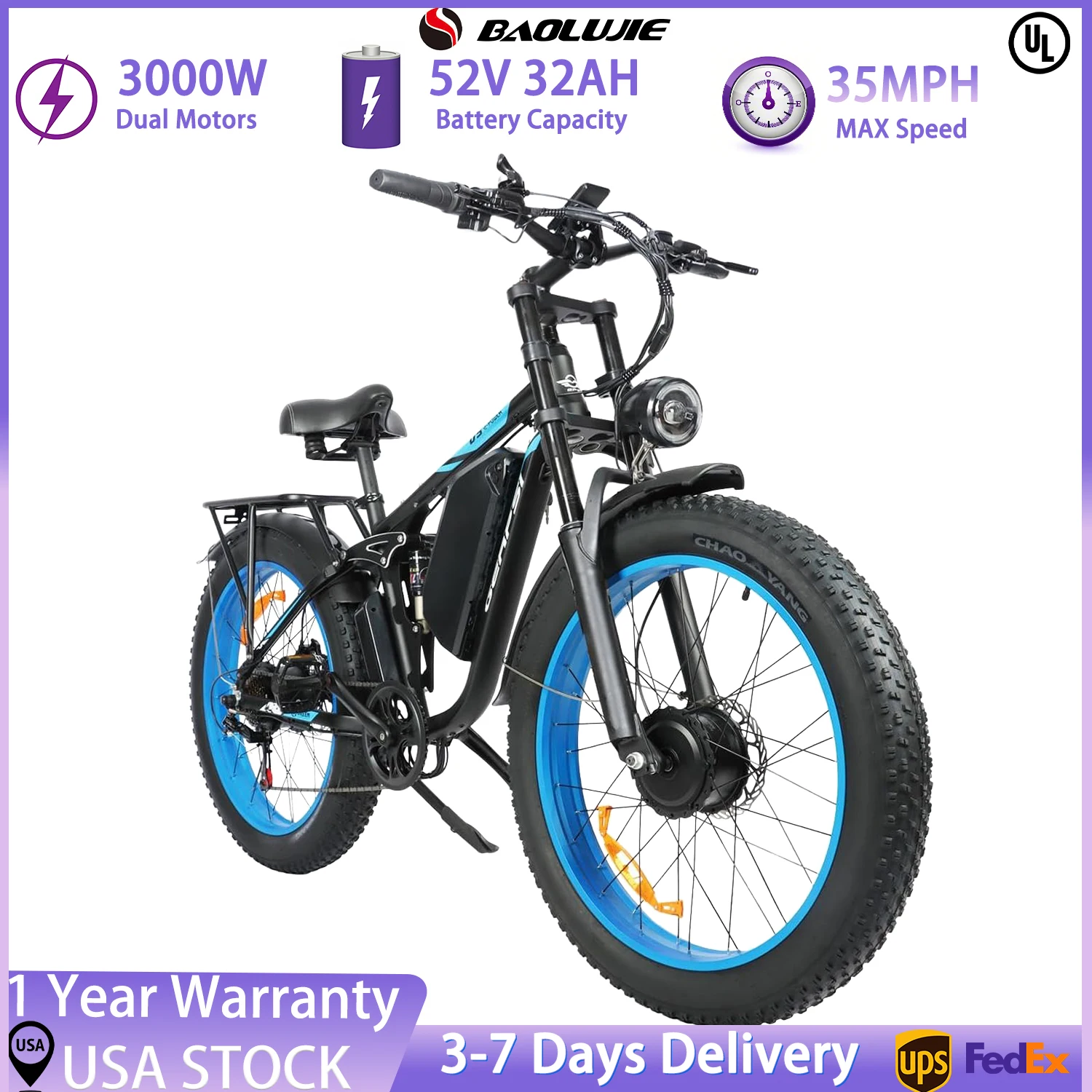 

BAOLUJIE 2603 Electric Bicycle,Adult E-Bike ebike with 3000W Two Motors, 52V32AH Battery,26" Tire Electric Bike【1 Year Warranty】