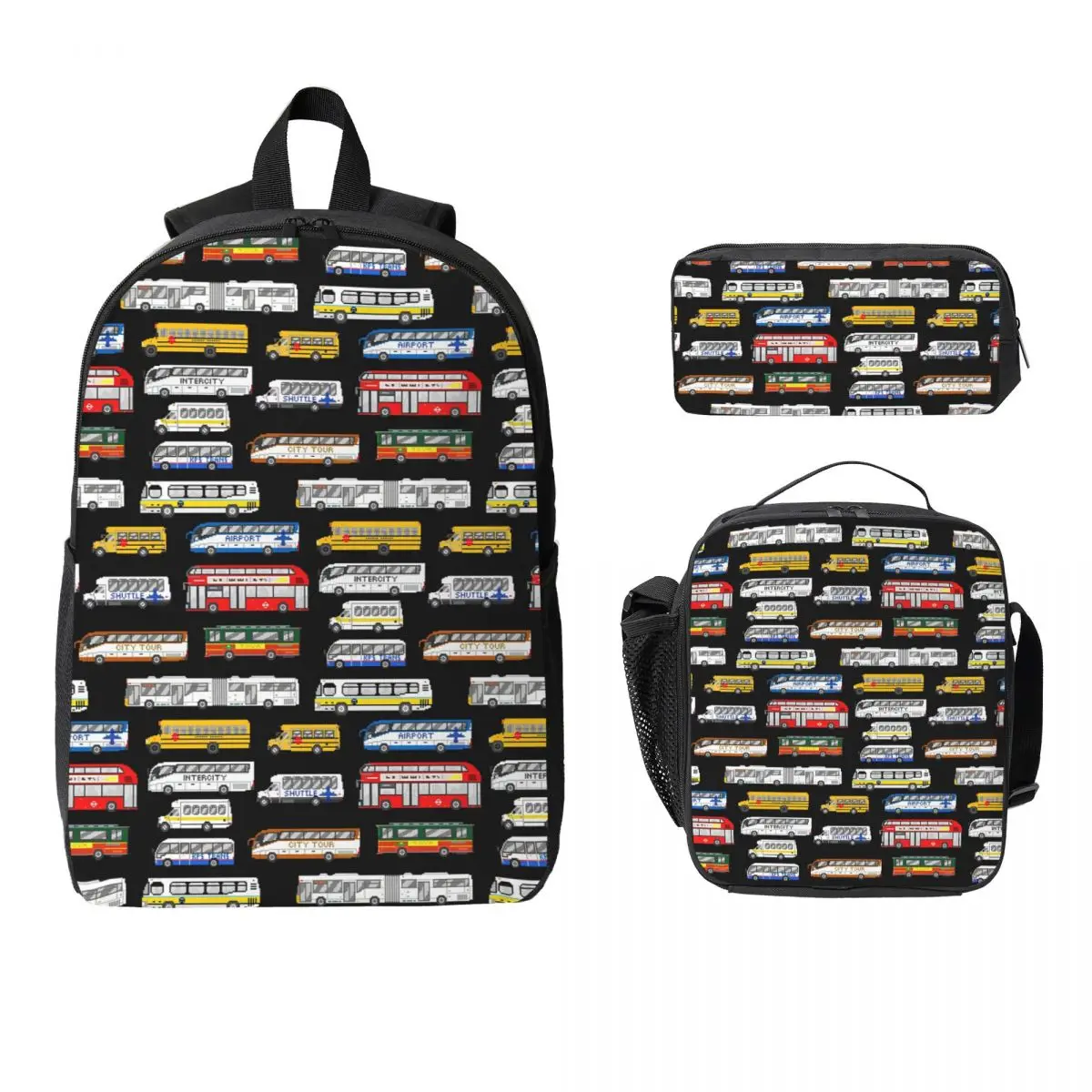 Buses - The Kids' Picture Show Backpack Boys Girls BookBag School Bag Computer Shoulder Bags 3ps Insulated Lunch Bag Pencil Case