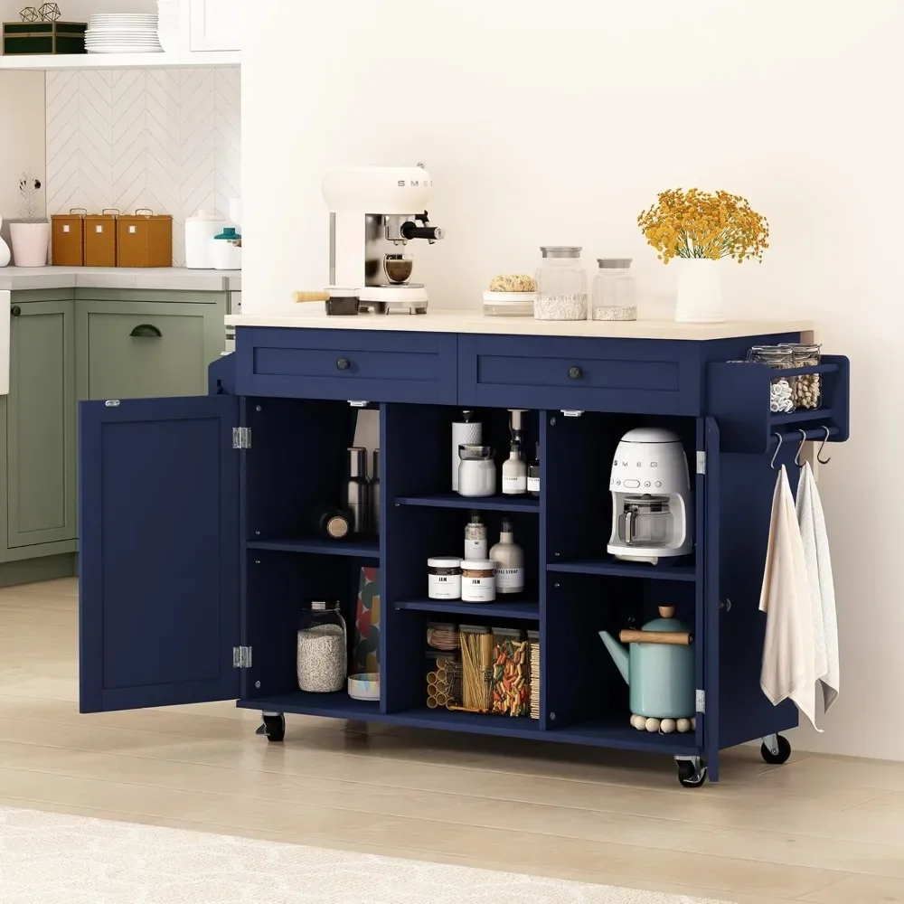 Kitchen Island, Rolling Cart with Drop Leaf Countertop, Barn Door Kitchen Island Table with Storage Cabinet and Tower Rack