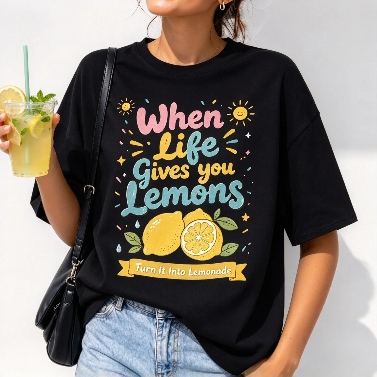 Women T‑Shirt When Life Gives You Lemons Turn It Into Lemonade Slogan Print Short Sleeve Cute Lemon Graphic  Streetwear Tee