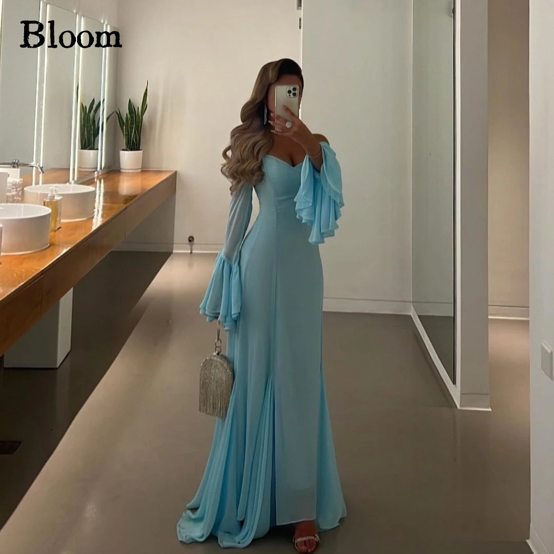 Bloom Customized Flare Sleeves Prom Dresses Sky Blue Chiffon Simple Evening Dresses Wedding Party Dress vestidos para mujer