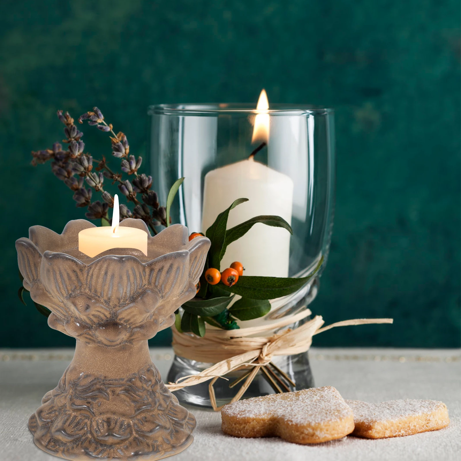 

Embossed Lotus Ceramic Holder Smooth Surface Buddhist Decor Home Stand Decorative Ceramic Candleholders