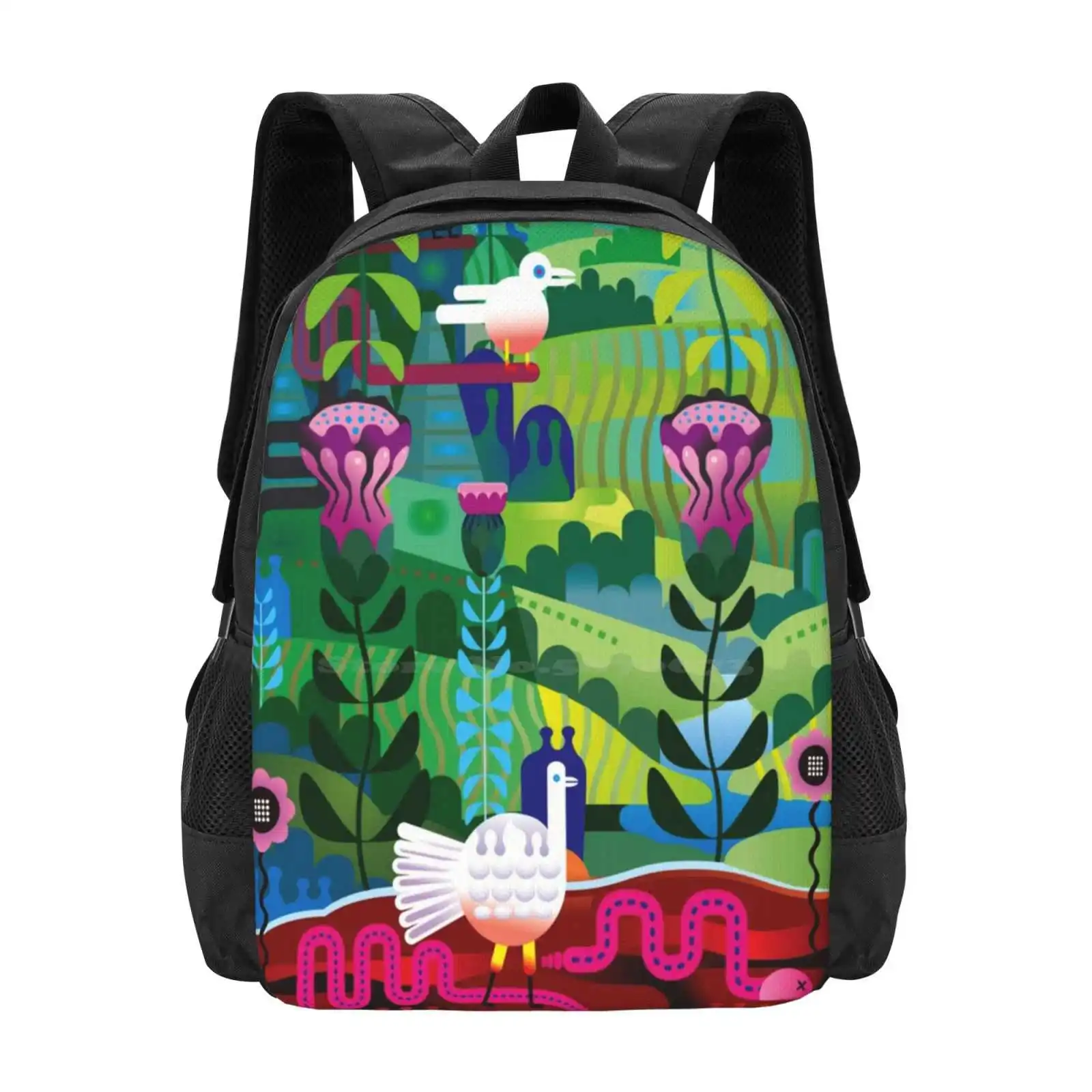 First Spring Pattern Design Bag Student'S Backpack Garden Landscape Snake Turkey Green Graphic Vector Contemporary Trees Plants