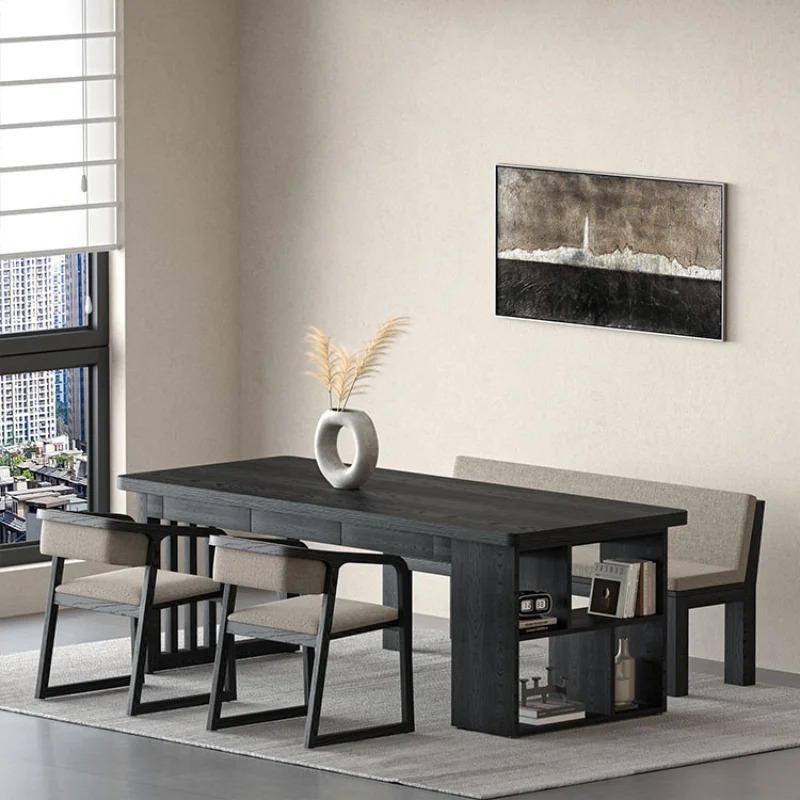 

Modern minimalist living room large long desk chair large board calligraphy table storage black drawer worktable bookshelf