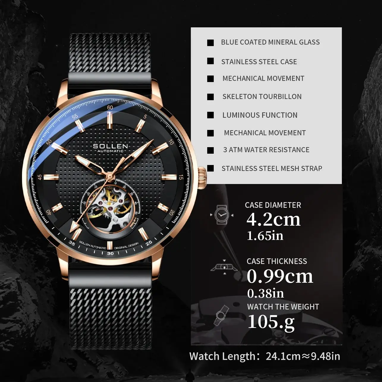 ساعة SOLLEN للرجال ميكانيكية أوتوماتيكية بالكامل مقاومة للماء وإضاءة ليلية على الطراز السويسري ساعة ريفية للطلاب هدية لصديقك