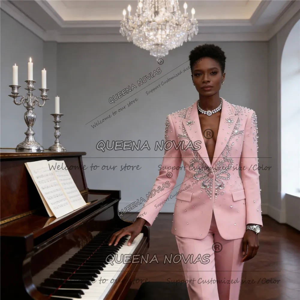 

Элегантный женский костюм с бисером и стразами, индивидуальный пошив, приталенный пиджак, женский костюм для подиума, куртка и брюки, комплект из 2 предметов, женский смокинг