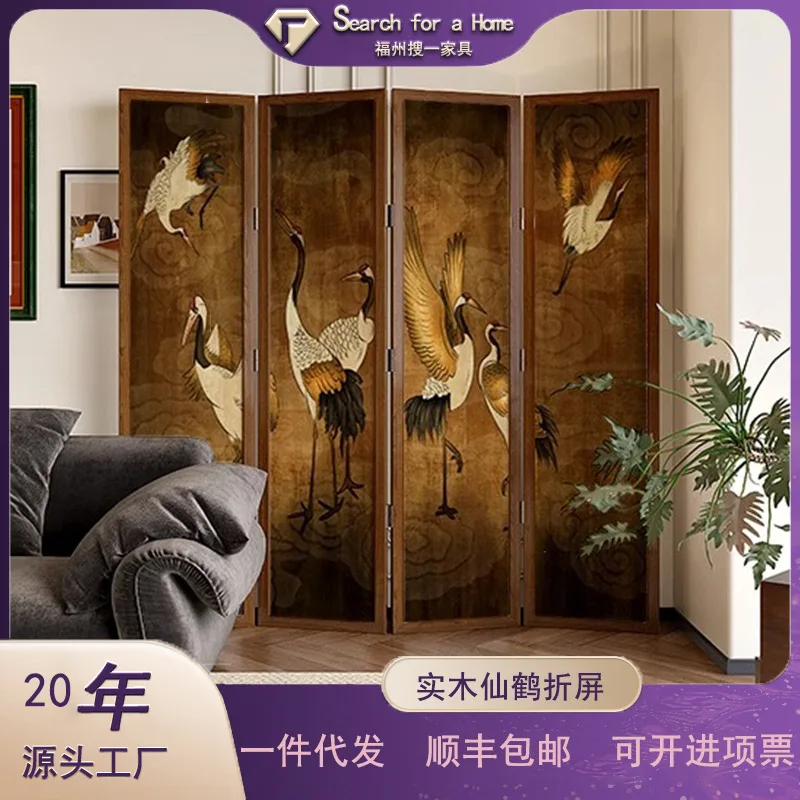 

Cross-border French antique folding screen retro crane solid wood partition B & B hotel bedroom shelter-thick frame screen